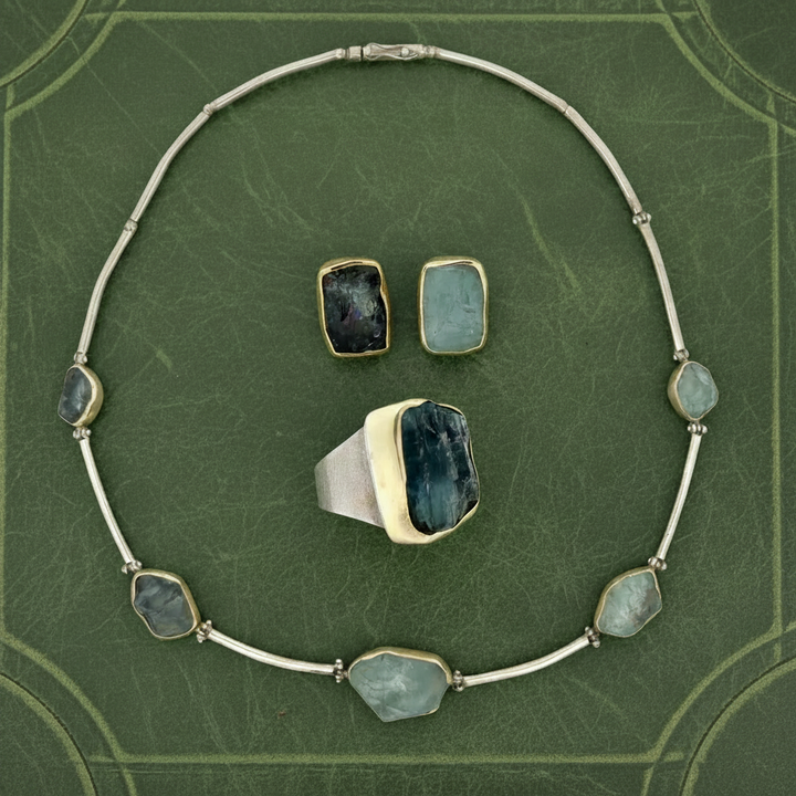 Modern Designer Rough Cut Aquamarine, Silver & 18kt Yellow Gold Set