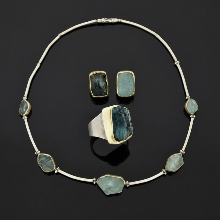 Modern Designer Rough Cut Aquamarine, Silver & 18kt Yellow Gold Set