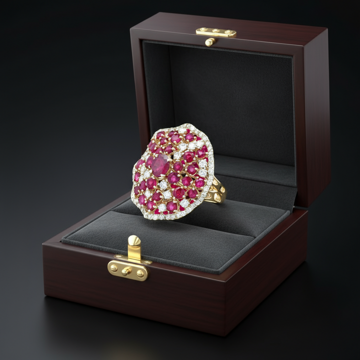 Fine Ruby Diamond Cluster 14K Yellow Gold Ring