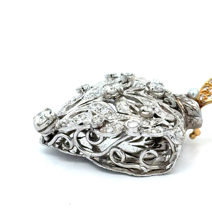 Estate Edwardian 1910 3.25cttw Diamond & Pearl 18Kt White & Yellow Gold Pendant