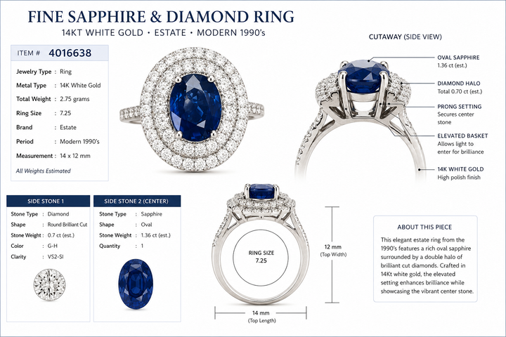 Modern Fine Sapphire and Diamond 14Kt White Gold Ring