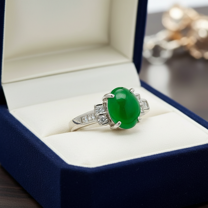 Fine Jade and Diamond Platinum Ring