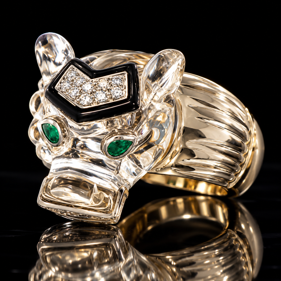 Estate David Webb Carved Rock Crystal Lioness Diamond, Emerald and Black Enamel 18k White Gold / Platinum Ring