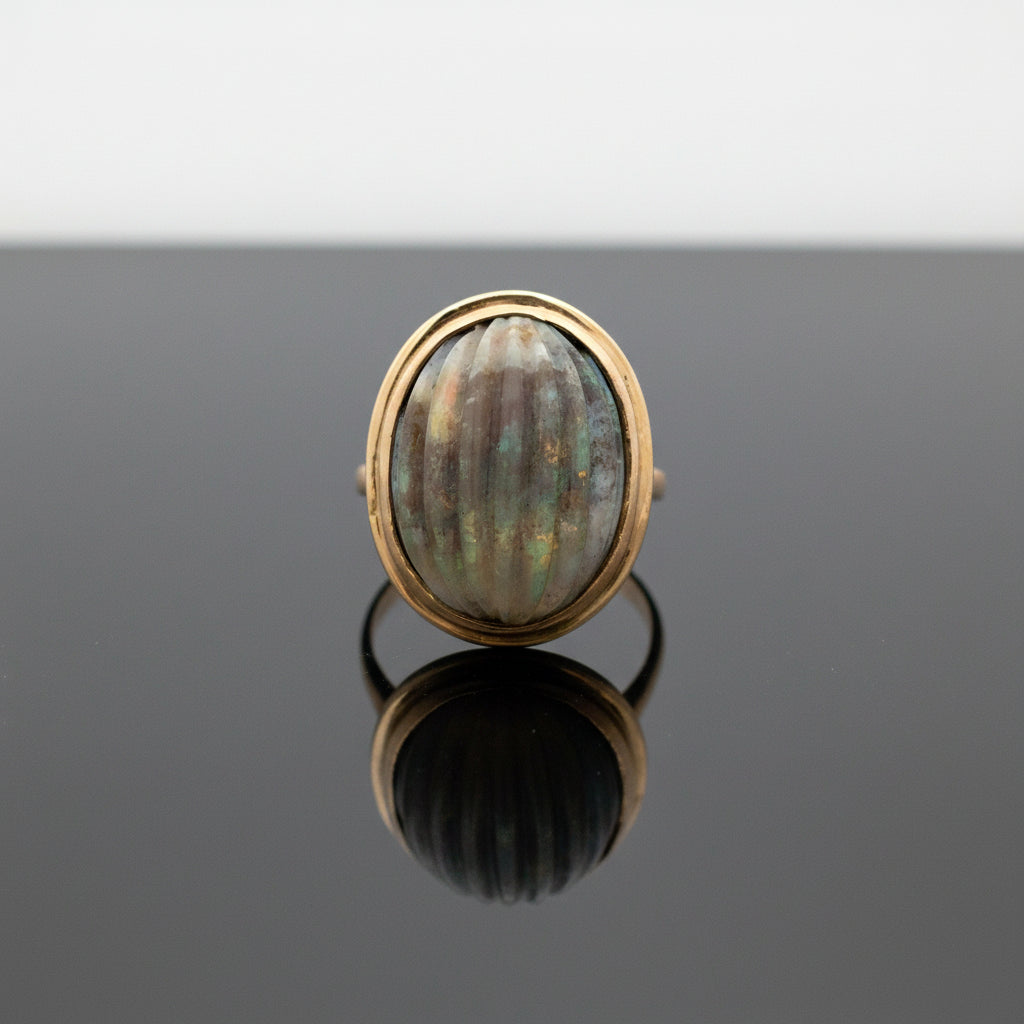 14K Yellow Gold Carved Opal Bezel Set Ring