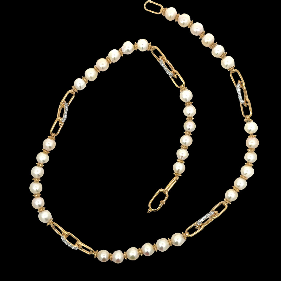 Freshwater Pearl and Lab Diamond Station Paperclip Necklace