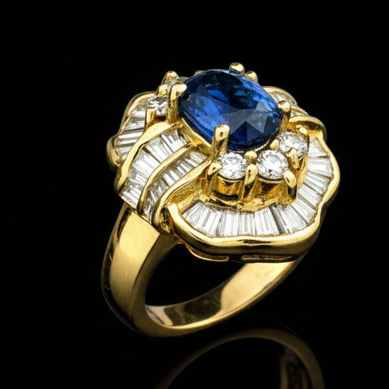 Estate Fine 2.27 ct Sapphire & 1.38 cttw Diamond 18K Yellow Gold Ring 15064