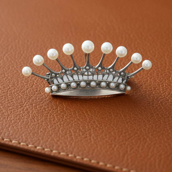 Designer Mikimoto Cultured Pearl and Platinum Crown Brooch