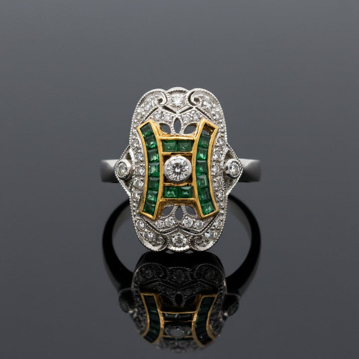Vintage Emerald & Diamond 18K White & Yellow Gold Ring