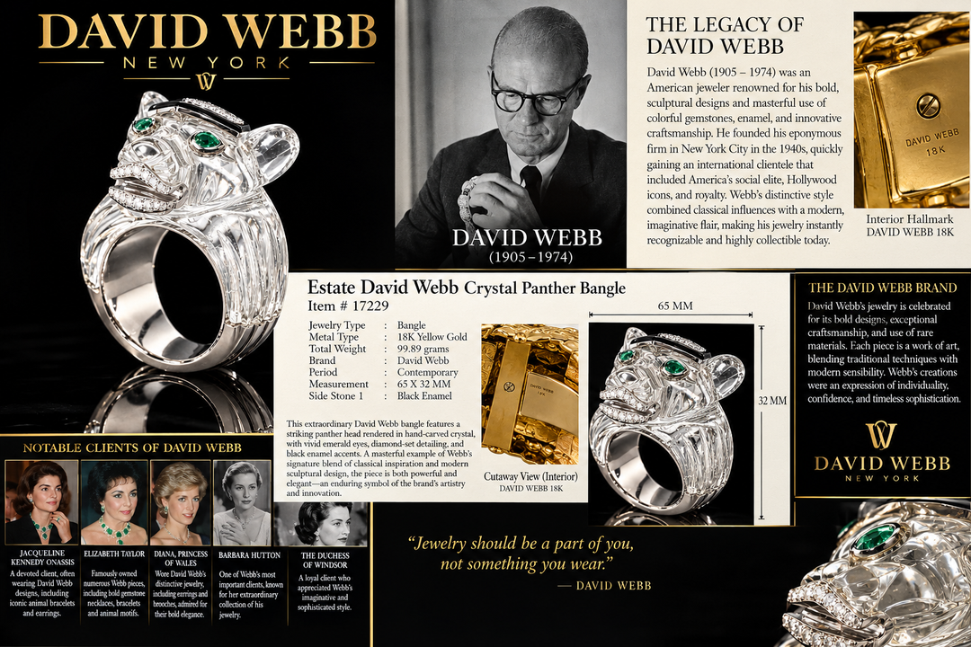 Estate David Webb Carved Rock Crystal Lioness Diamond, Emerald and Black Enamel 18k White Gold / Platinum Ring