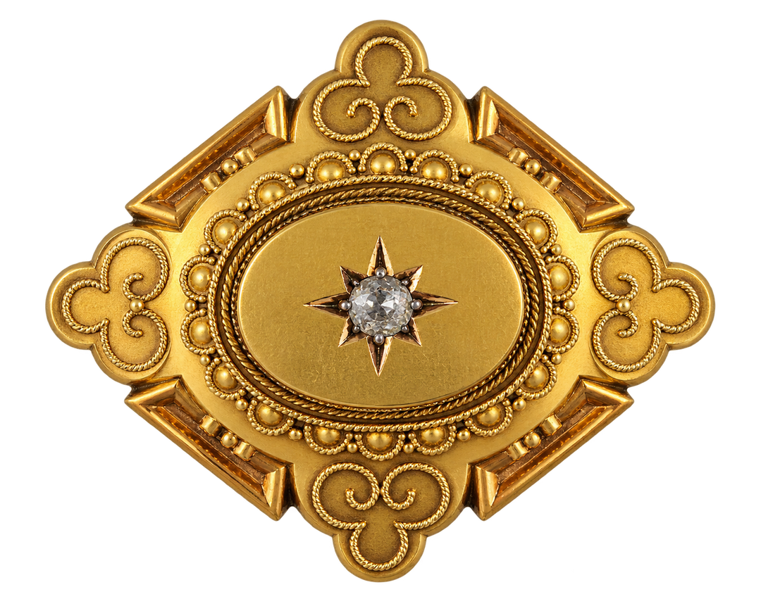 Victorian Estate Liodet-Geneva Switerland 15KT Yellow Gold & Rose Cut Diamond Earrings, Pendant & Brooch Locket. Original Fitted Box Circa 1855-1870