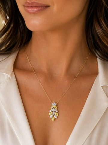 2.25 Carat Yellow and White Lab Grown Diamond and 14K Yellow Gold Floral Necklace
