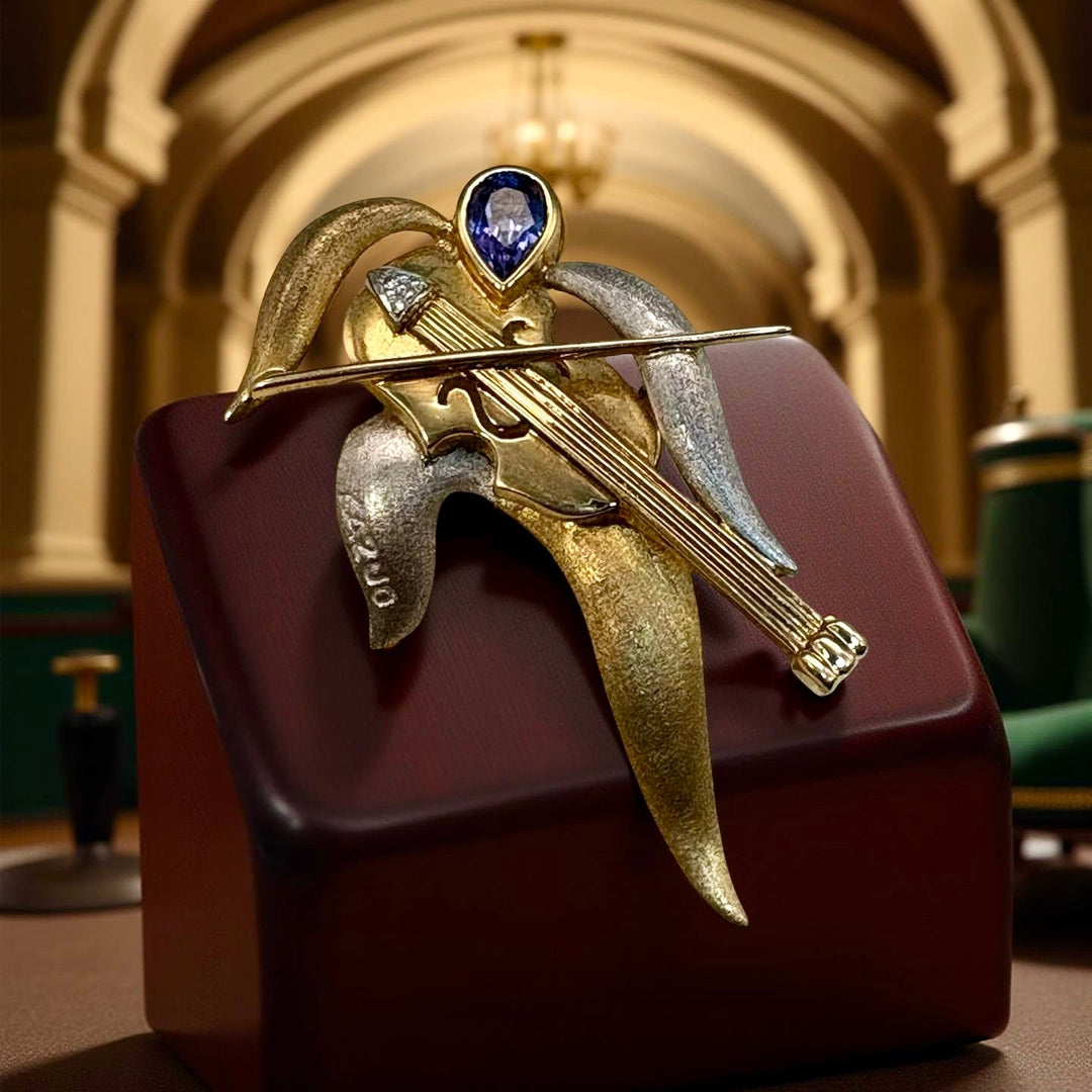 Designer Kazuo Ogana Diamond and Tanzanite Platinum and 18kt Yellow Gold Violin Pendant/Brooch