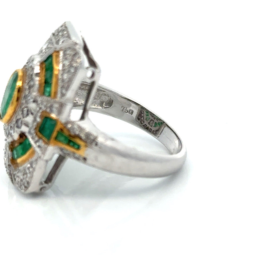 Vintage Emerald & Diamond 18K White & Yellow Gold Ring