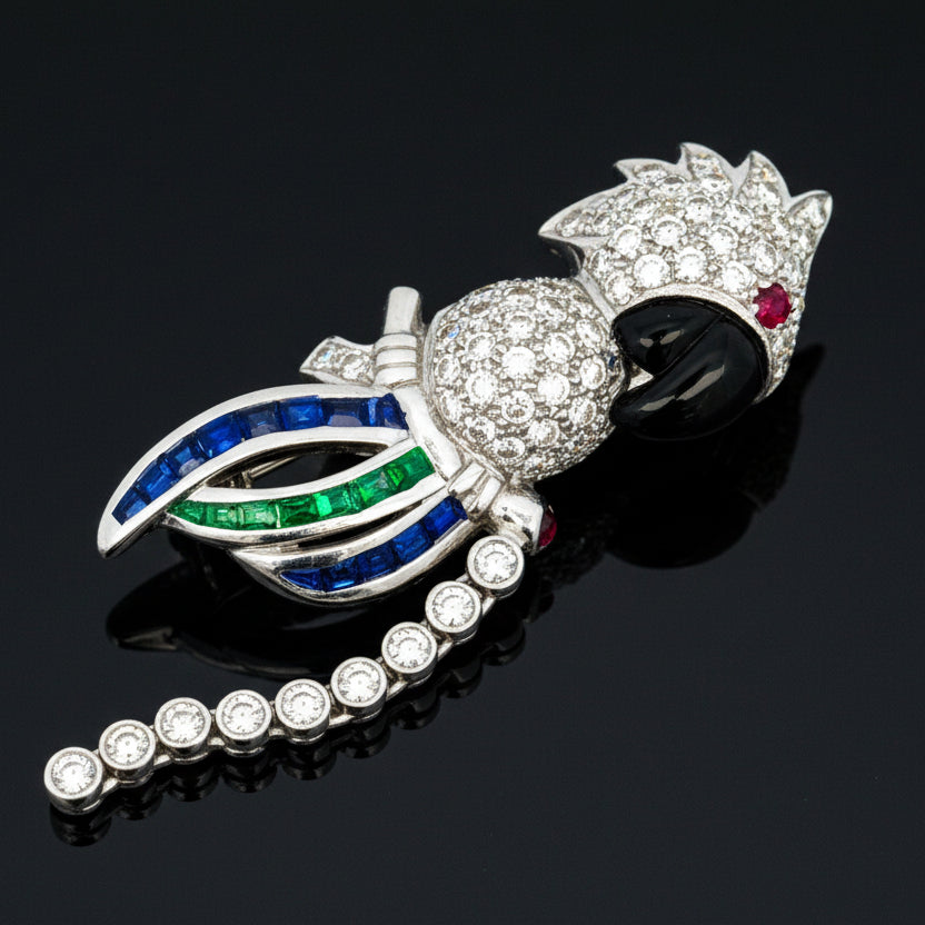 Estate Double Clip (Duette) Diamond, Onyx, Emerald, Sapphire, Ruby 18K White Gold Parrott Brooch