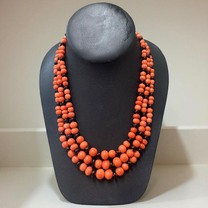 Italy Diamond, Coral and Onyx 18K Yellow Gold 3 Row Necklace