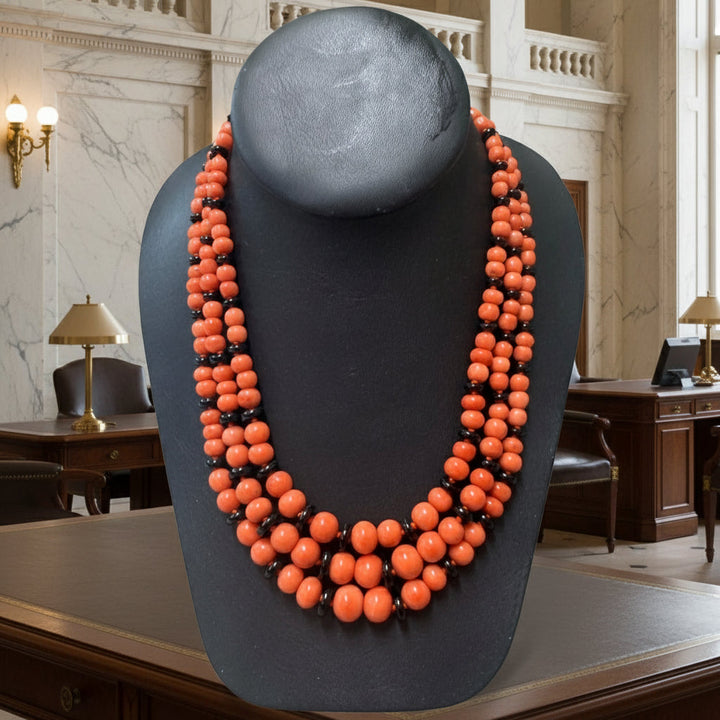 Italy Diamond, Coral and Onyx 18K Yellow Gold 3 Row Necklace