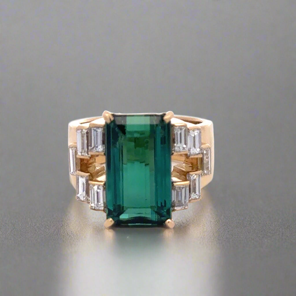 Green Tourmaline, Diamond and 18K Yellow Gold Statement Ring