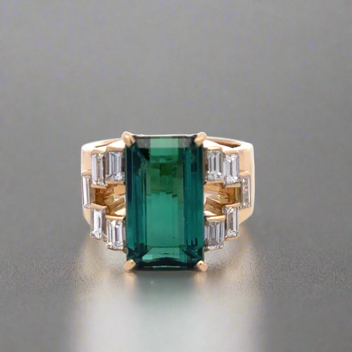 Green Tourmaline, Diamond and 18K Yellow Gold Statement Ring