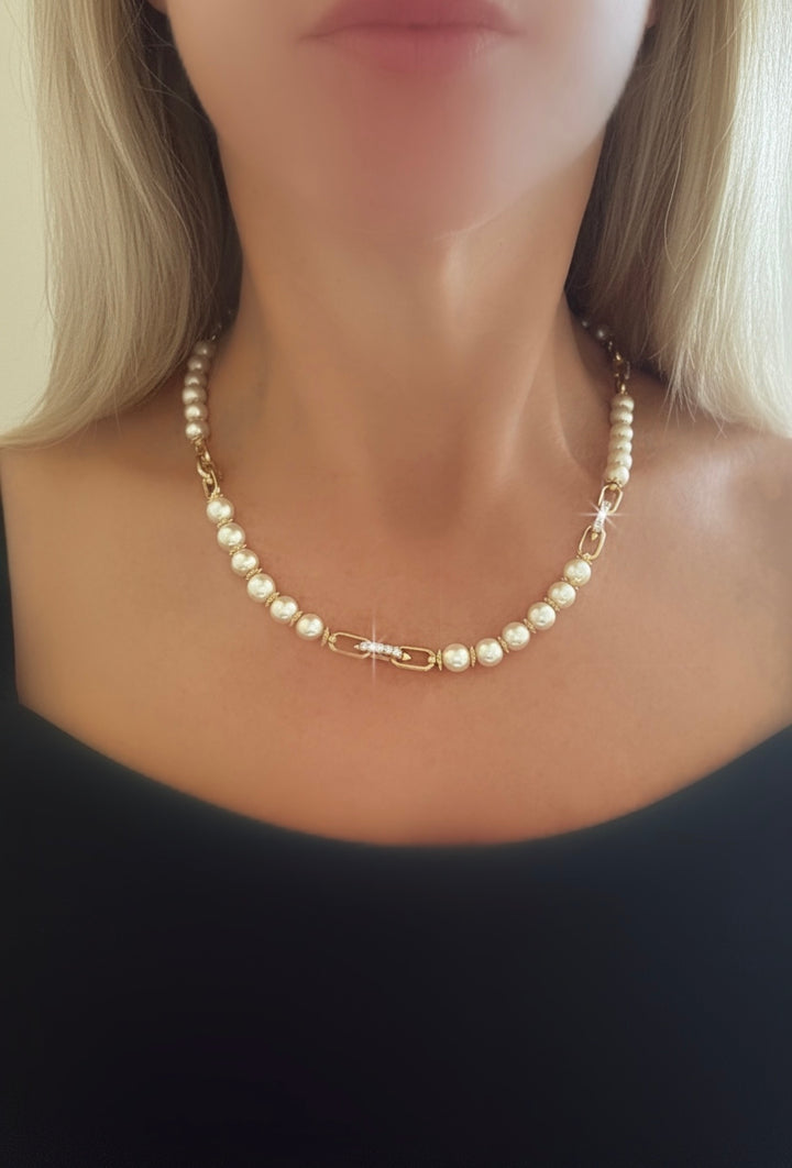 Freshwater Pearl and Lab Diamond Station Paperclip Necklace