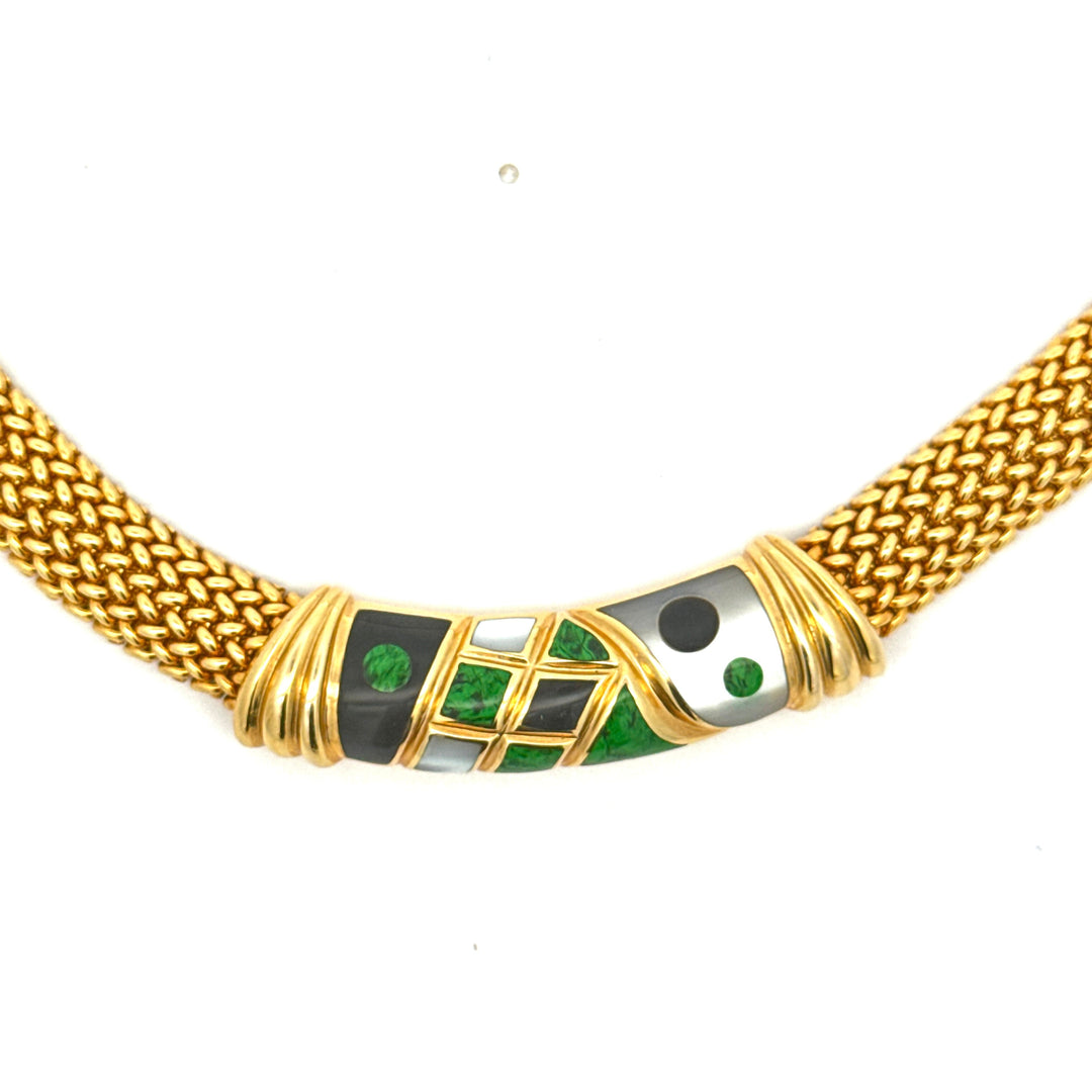Asch Grossbardt Inlay Onyx, Mother of Pearl, Malachite 14k Yellow Gold Necklace