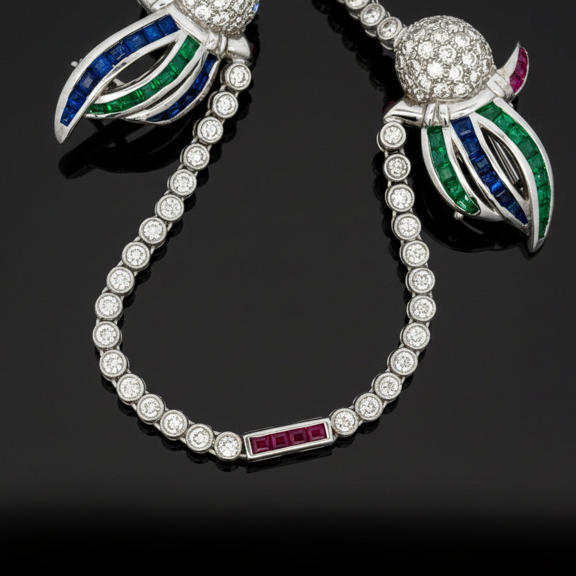 Tutti Frutti Influence Double Clip (Duette) Diamond, Onyx, Emerald, Sapphire, Ruby 18K White Gold Parrott Brooch