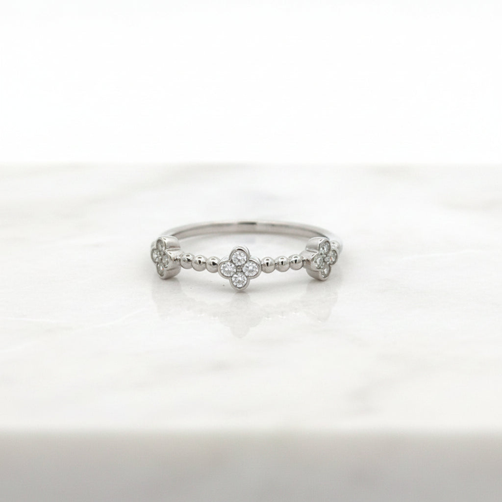 14K White Gold Natural Diamond Clover Station Ring
