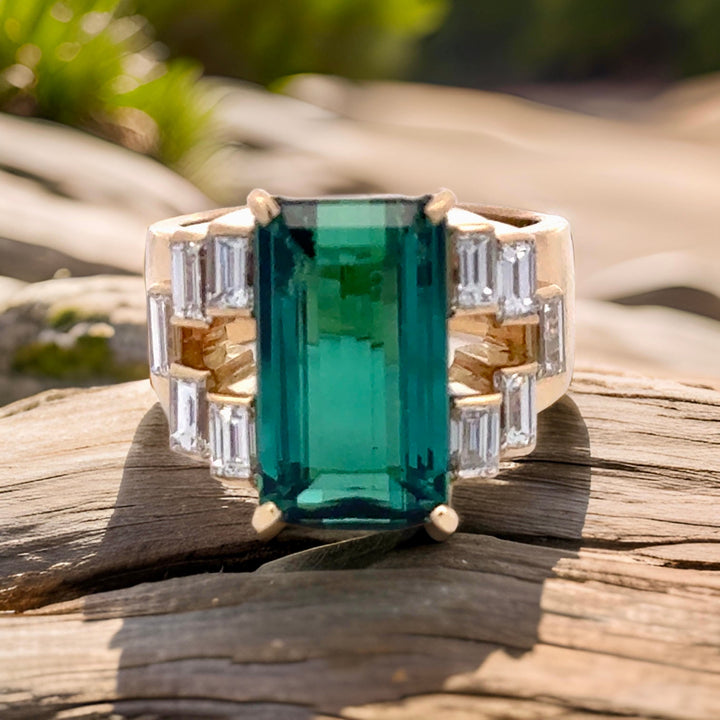 Green Tourmaline, Diamond and 18K Yellow Gold Statement Ring