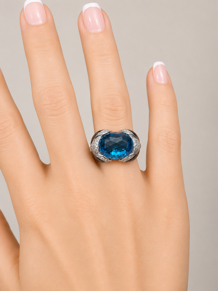 Modern Italian Onyx, Blue Topaz and Diamond 18kt White Gold Ring