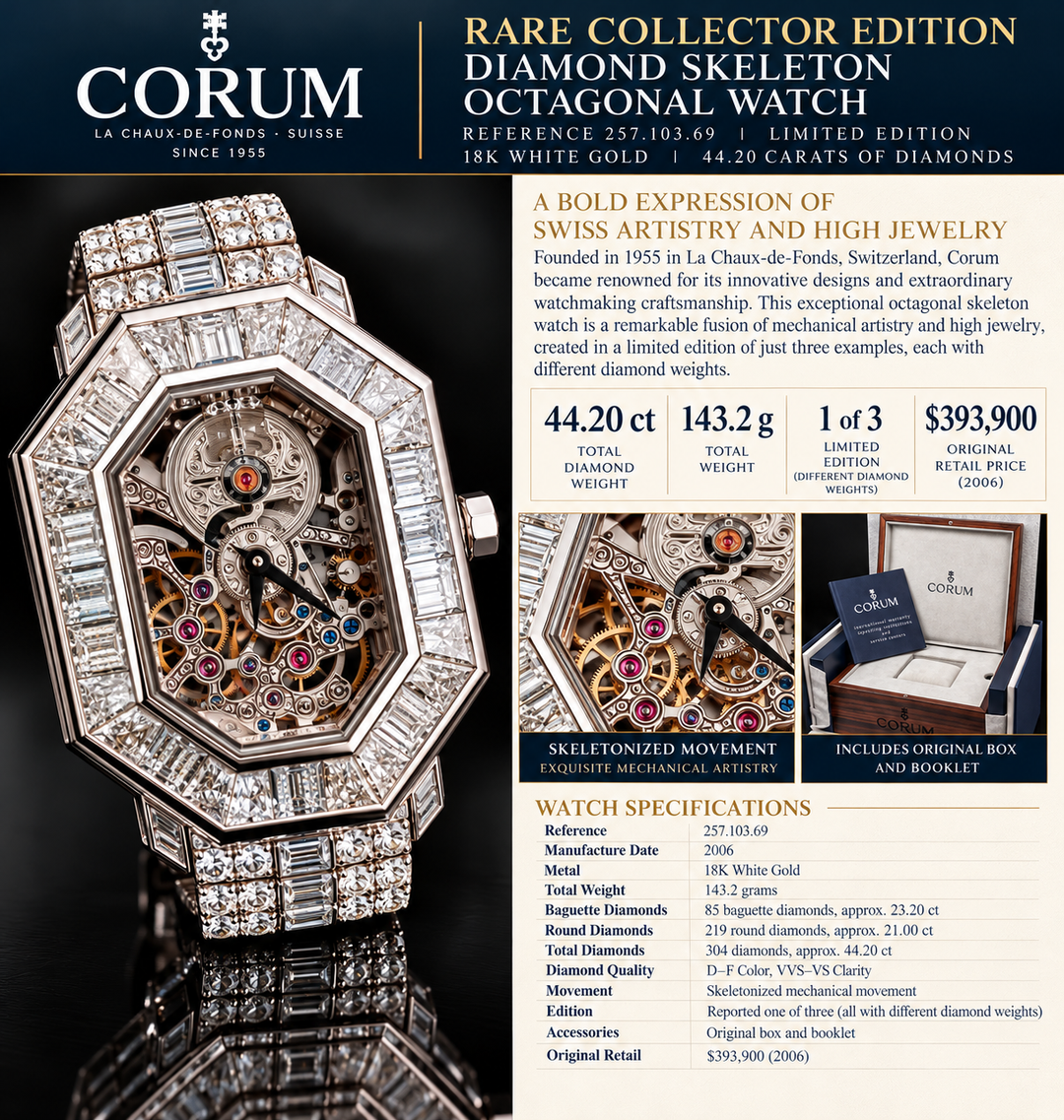 Estate Musuem Collection Corum Watch Skeleton Dial 44.20 cttw Diamond 18k White Gold Watch
