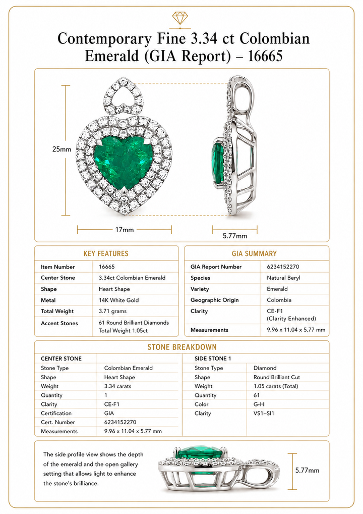 Contemporary Designer A.V. 3.34ct Colombian Emerald & Diamond 14K White Gold Pendant