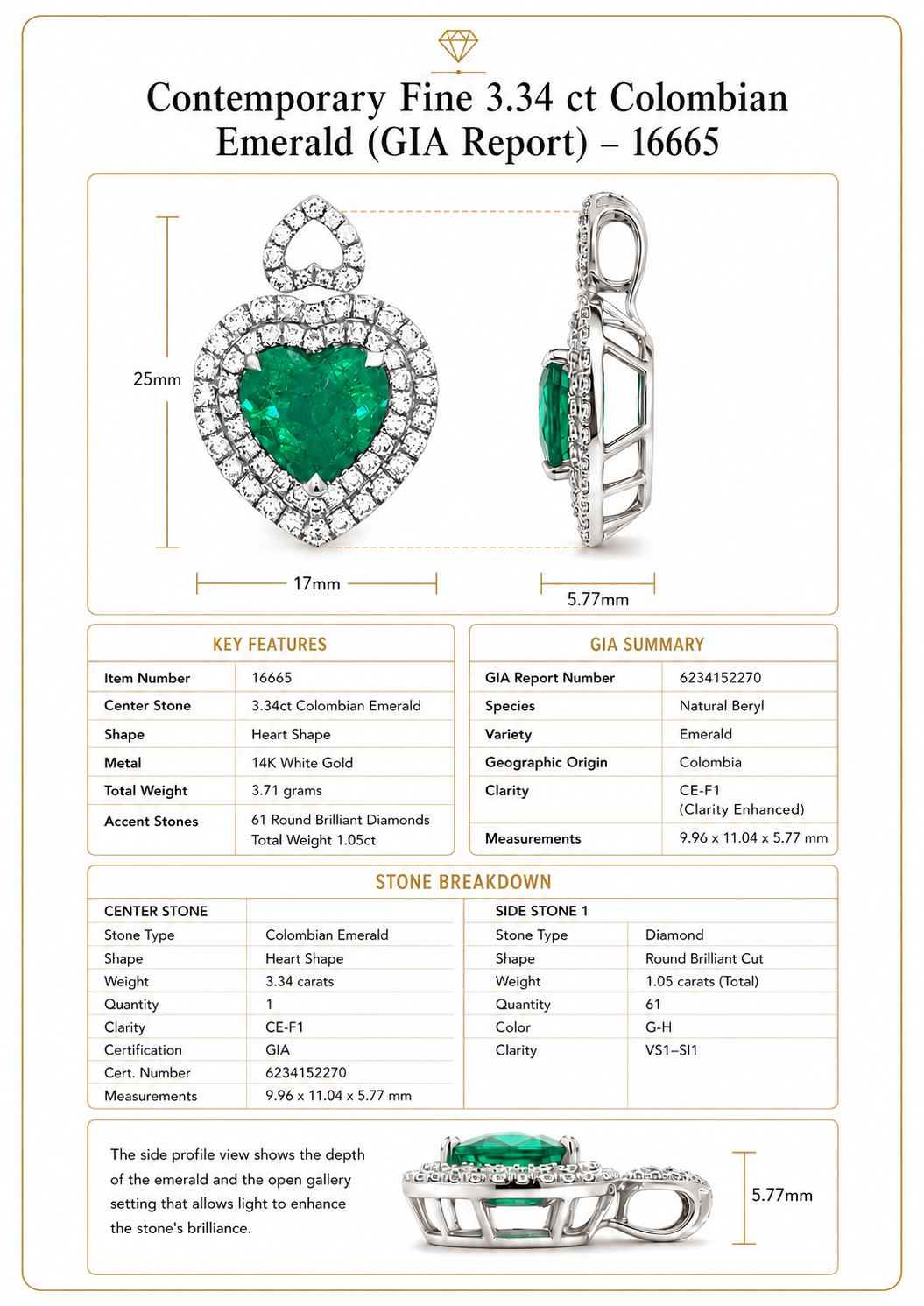 Contemporary Designer A.V. 3.34ct Colombian Emerald & Diamond 14K White Gold Pendant