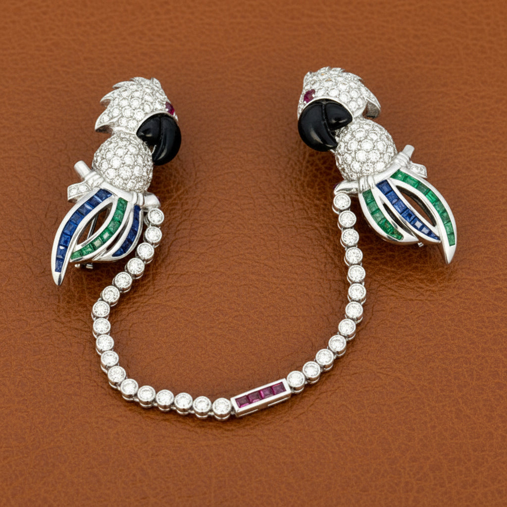 Estate Double Clip (Duette) Diamond, Onyx, Emerald, Sapphire, Ruby 18K White Gold Parrott Brooch