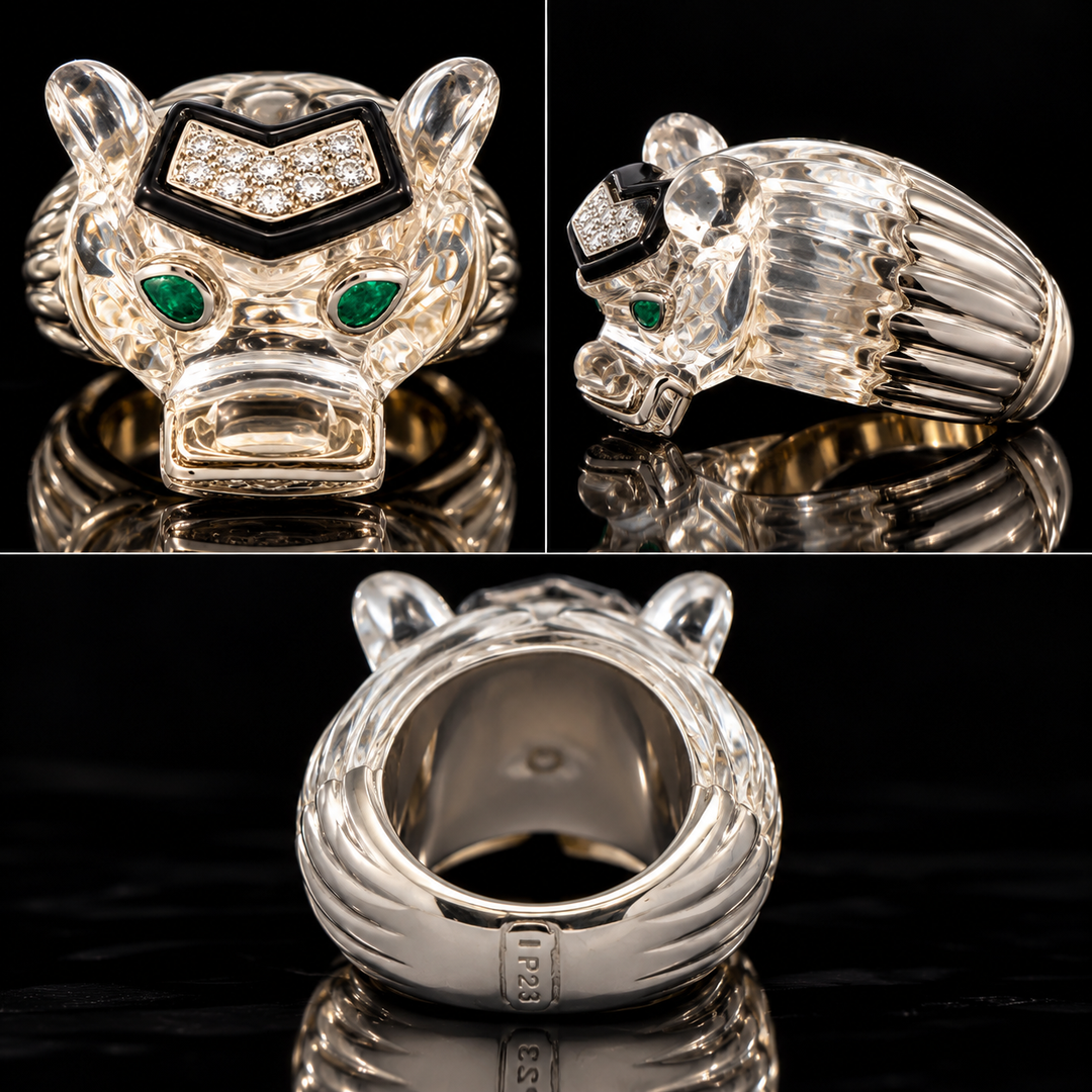 Estate David Webb Carved Rock Crystal Lioness Diamond, Emerald and Black Enamel 18k White Gold / Platinum Ring