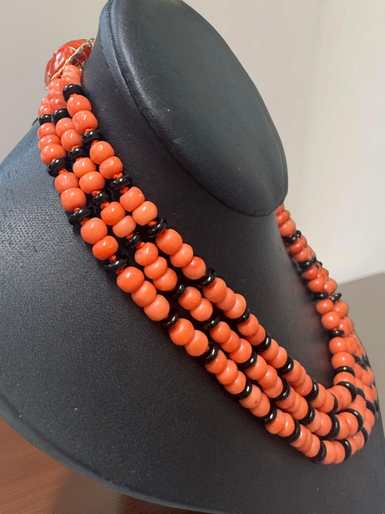 Italy Diamond, Coral and Onyx 18K Yellow Gold 3 Row Necklace