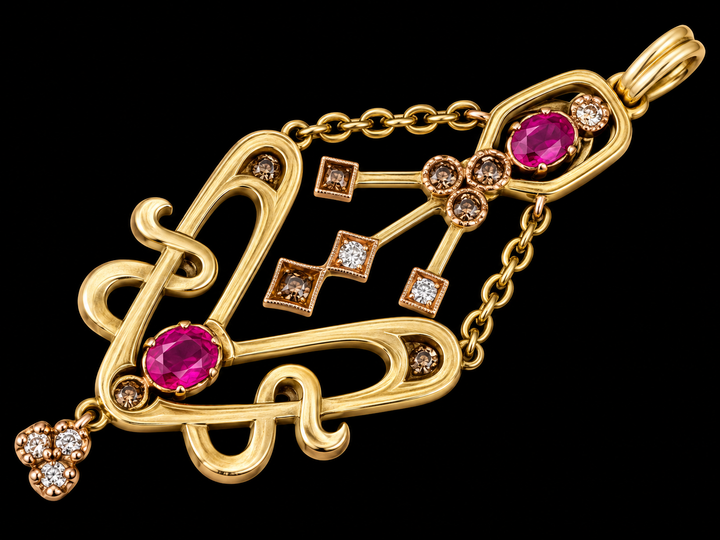 Estate Rose Cut Diamond & Pink Sapphire 14KT Yellow Gold Pendant