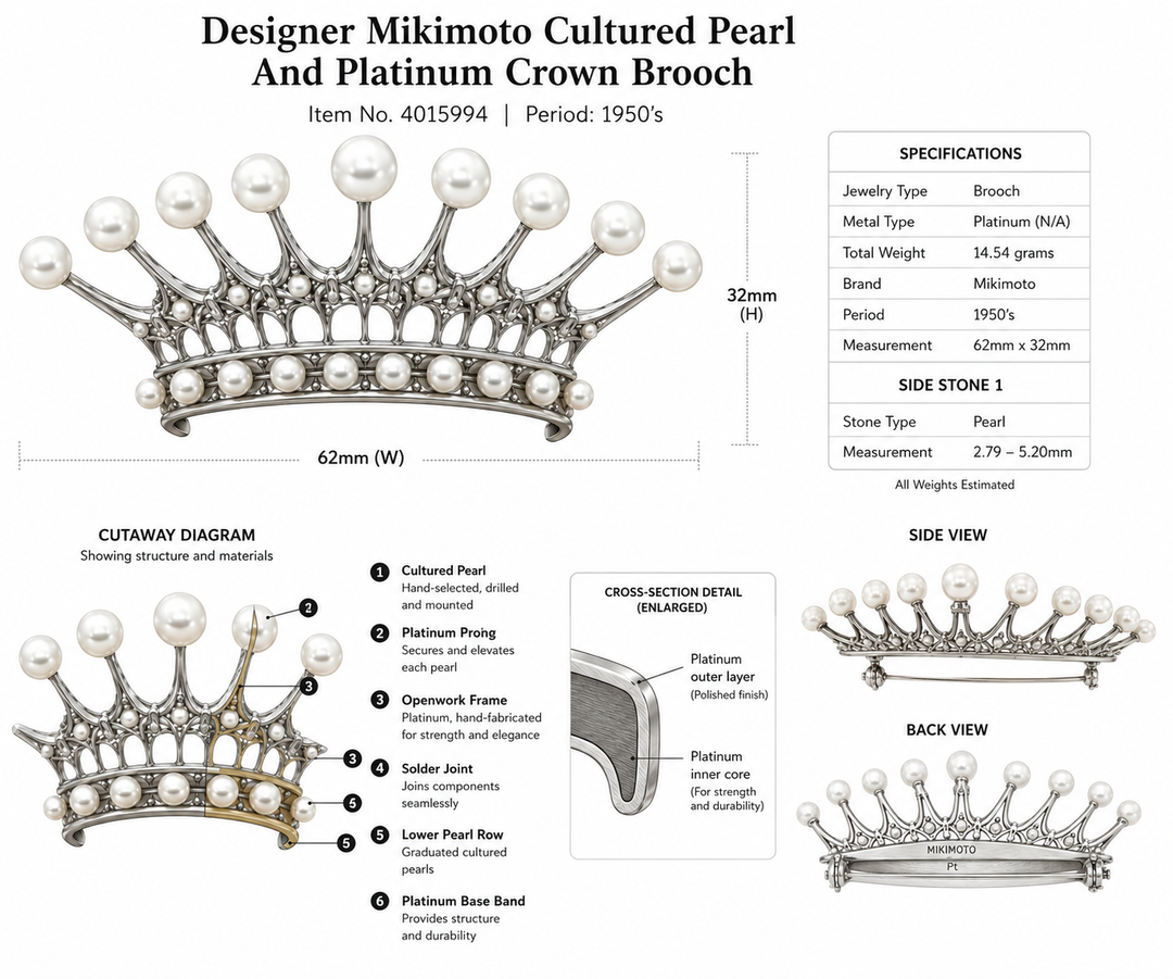 Designer Mikimoto Cultured Pearl and Platinum Crown Brooch