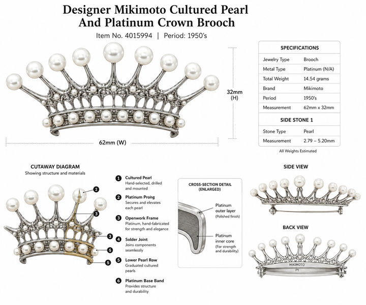 Designer Mikimoto Cultured Pearl and Platinum Crown Brooch