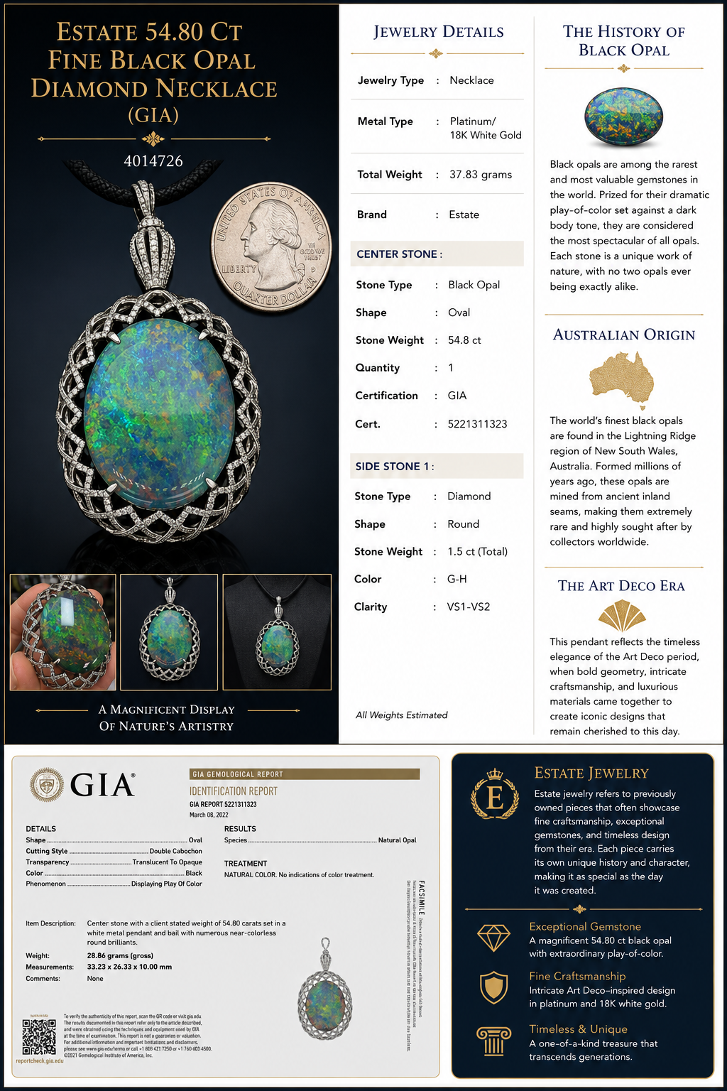 Estate 54.80 ct Fine Black Opal Diamond Necklace (GIA) 14726