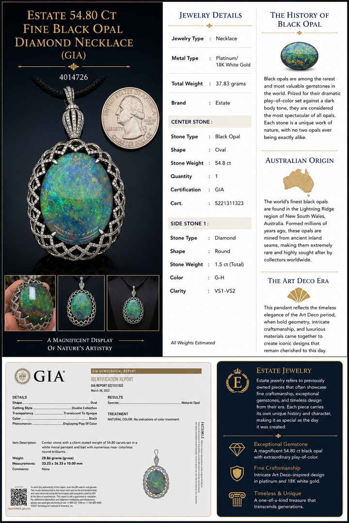 Estate 54.80 ct Fine Black Opal Diamond Necklace (GIA) 14726
