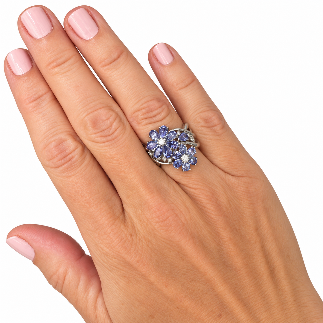 Estate 3.18 CTW Tanzanite & Diamond Flower Ring in 18K White Gold