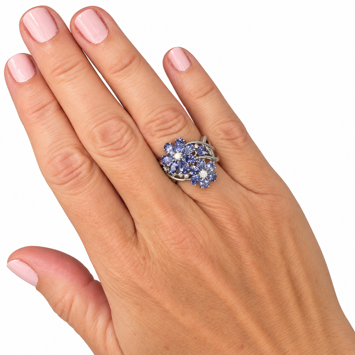 Estate 3.18 CTW Tanzanite & Diamond Flower Ring in 18K White Gold