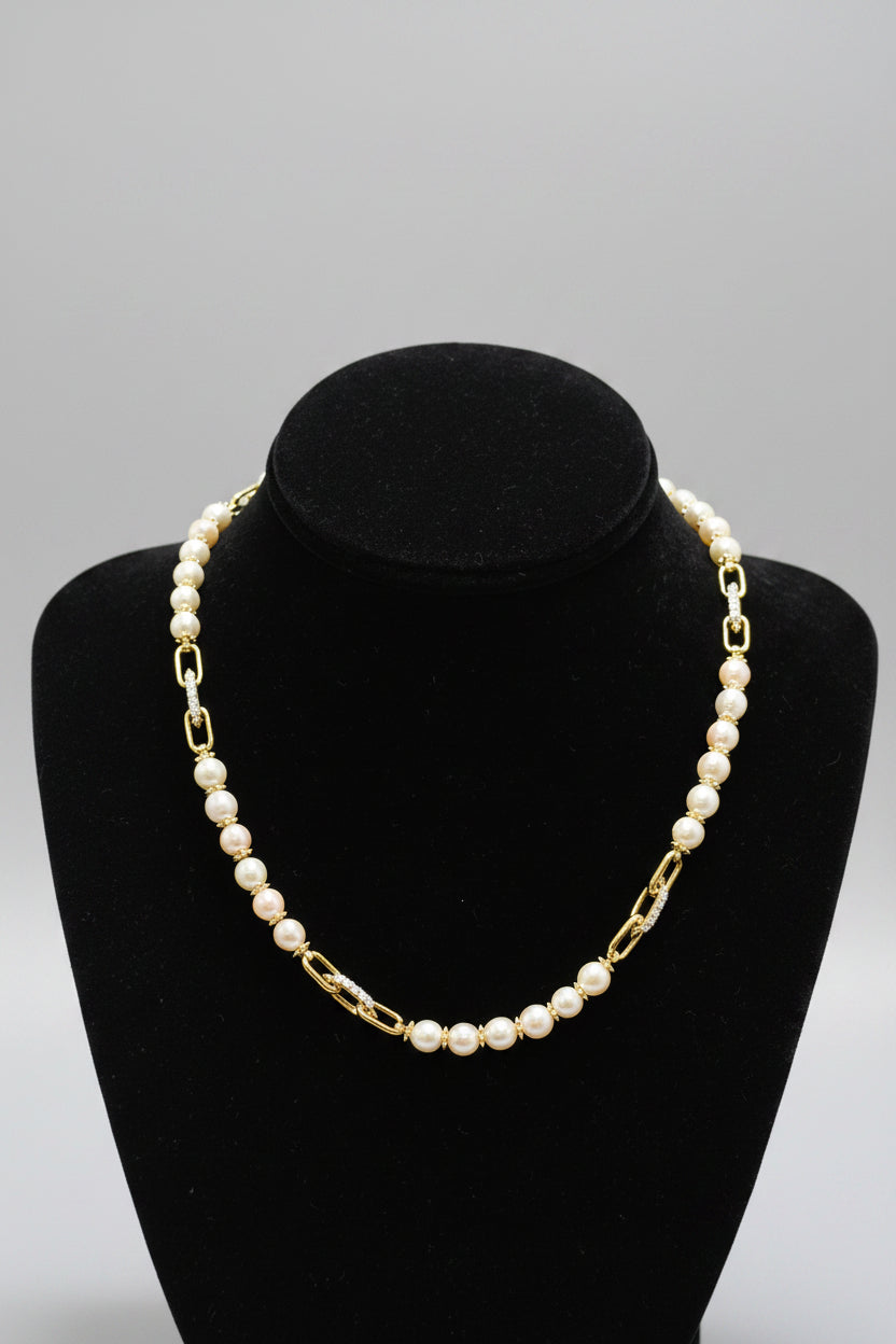 Freshwater Pearl and Lab Diamond Station Paperclip Necklace