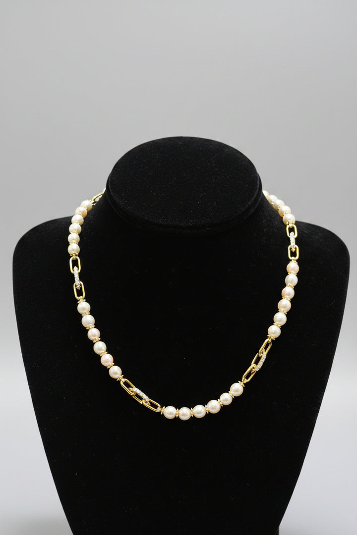 Freshwater Pearl and Lab Diamond Station Paperclip Necklace