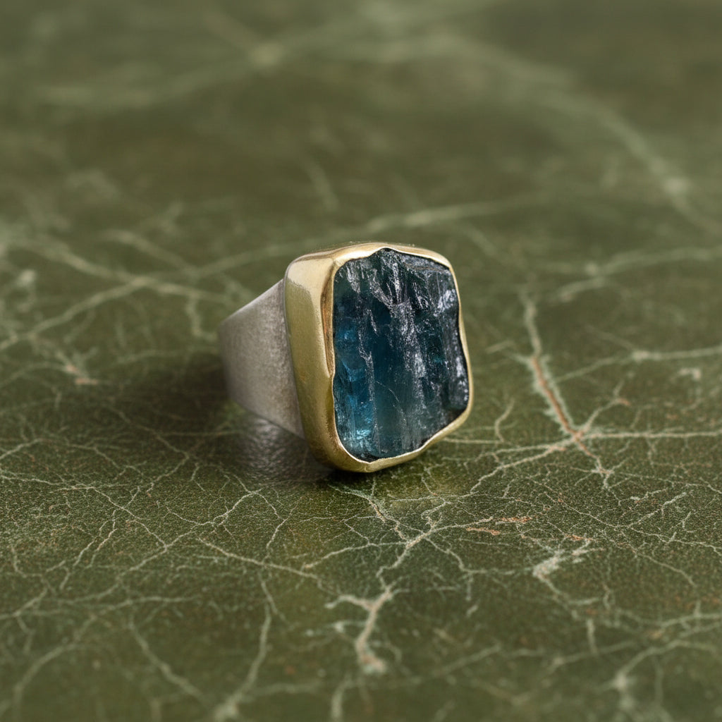 Modern Designer Rough Cut Aquamarine, Silver & 18kt Yellow Gold Set