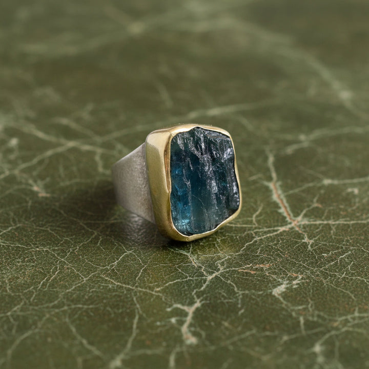 Modern Designer Rough Cut Aquamarine, Silver & 18kt Yellow Gold Set