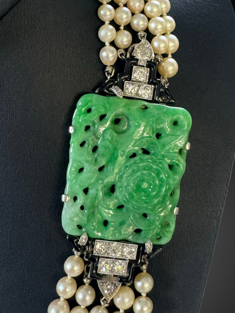 English 1925 Carved Jade, Onyx and Diamond, Multi Strand Cultured Pearl Necklace