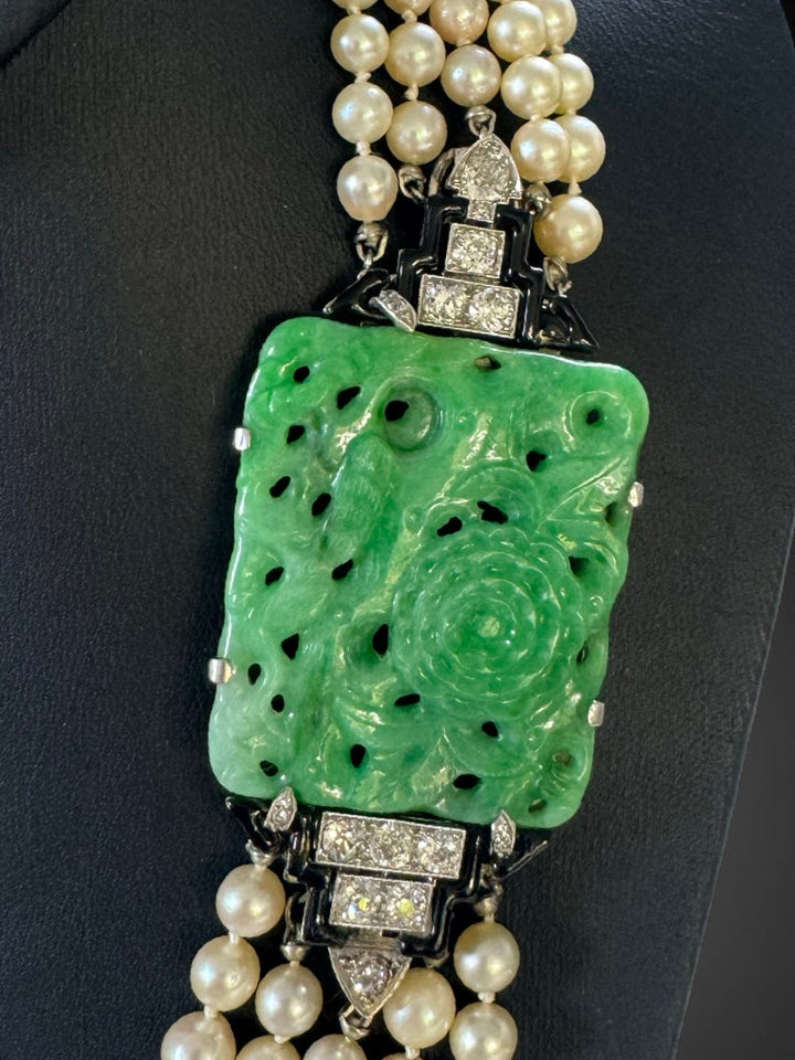 English 1925 Carved Jade, Onyx and Diamond, Multi Strand Cultured Pearl Necklace