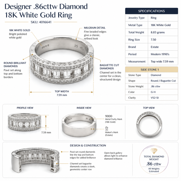 Modern Designer .86cttw Diamond 18K White Gold Ring