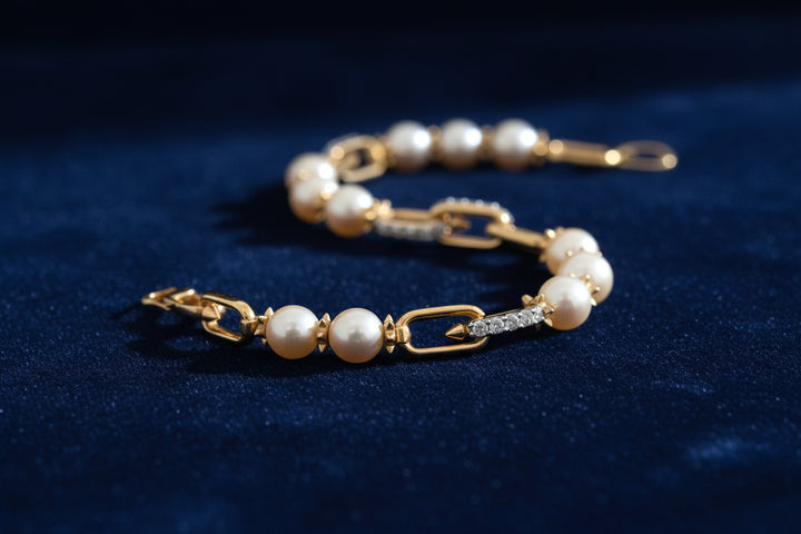 Freshwater Pearl and Lab Diamond Station Paperclip Bracelet