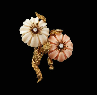 Circa 1960's Italian Angel Skin Coral and Diamond 18kt. Yellow Gold Brooch